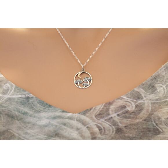 Sterling Silver Mushroom Charm with Bronze Moon Necklace - Picture 4 of 5